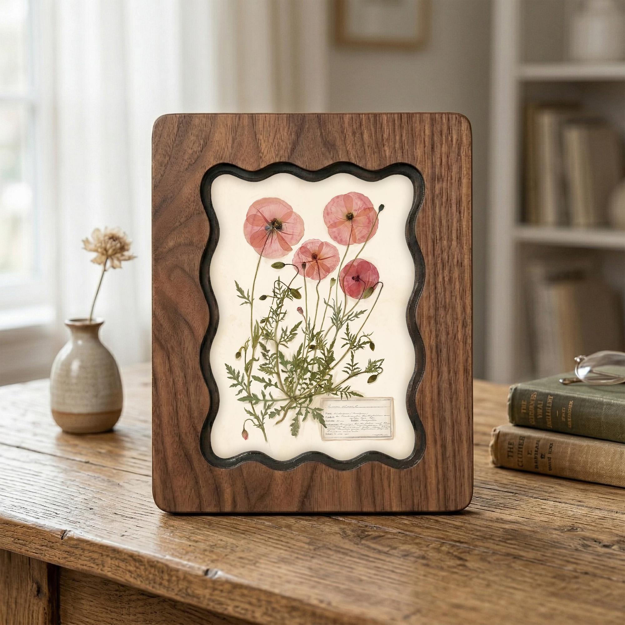 Pressed Poppy Wall Art, Vintage Botanical Wood Frame, Herbarium Flower Print, Cottagecore Aesthetic Gift, Laser Cut Wood Art, Floral Decor