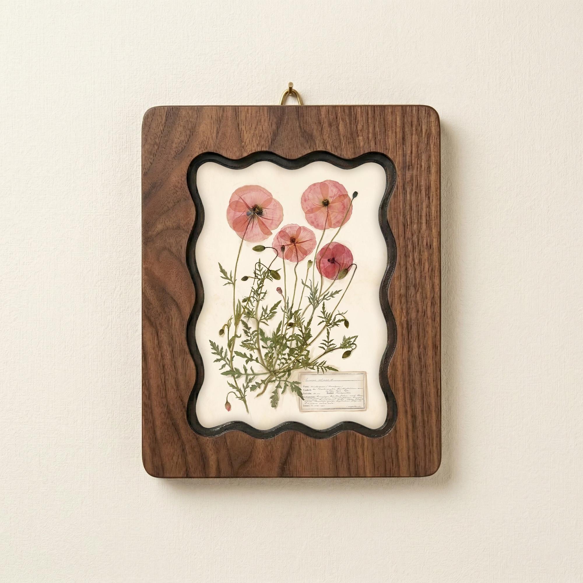 Pressed Poppy Wall Art, Vintage Botanical Wood Frame, Herbarium Flower Print, Cottagecore Aesthetic Gift, Laser Cut Wood Art, Floral Decor