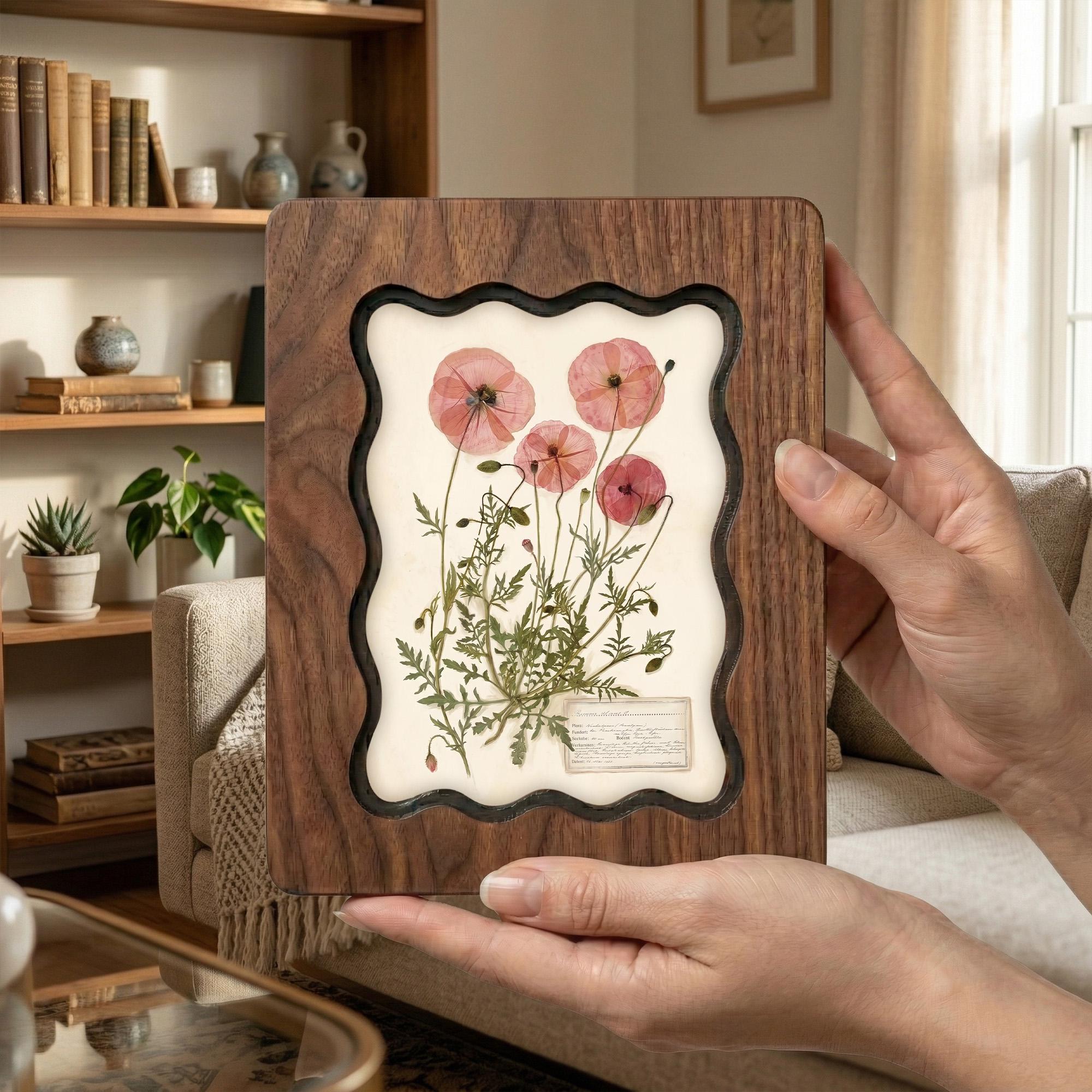 Pressed Poppy Wall Art, Vintage Botanical Wood Frame, Herbarium Flower Print, Cottagecore Aesthetic Gift, Laser Cut Wood Art, Floral Decor