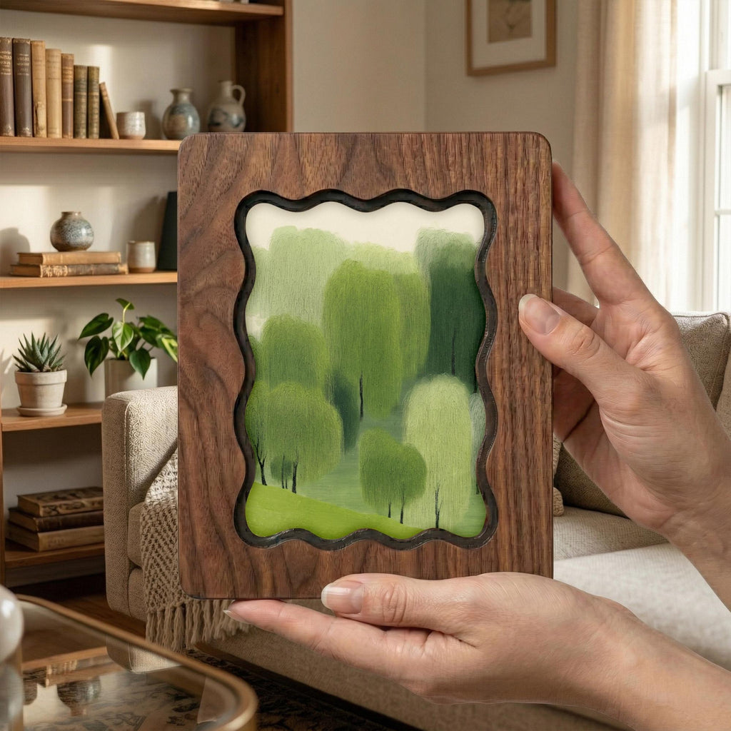 Minimalist Forest Wall Art, Green Tree Landscape Wood Frame, Abstract Nature Decor, Mid Century Modern Print, Laser Cut Art, Housewarming