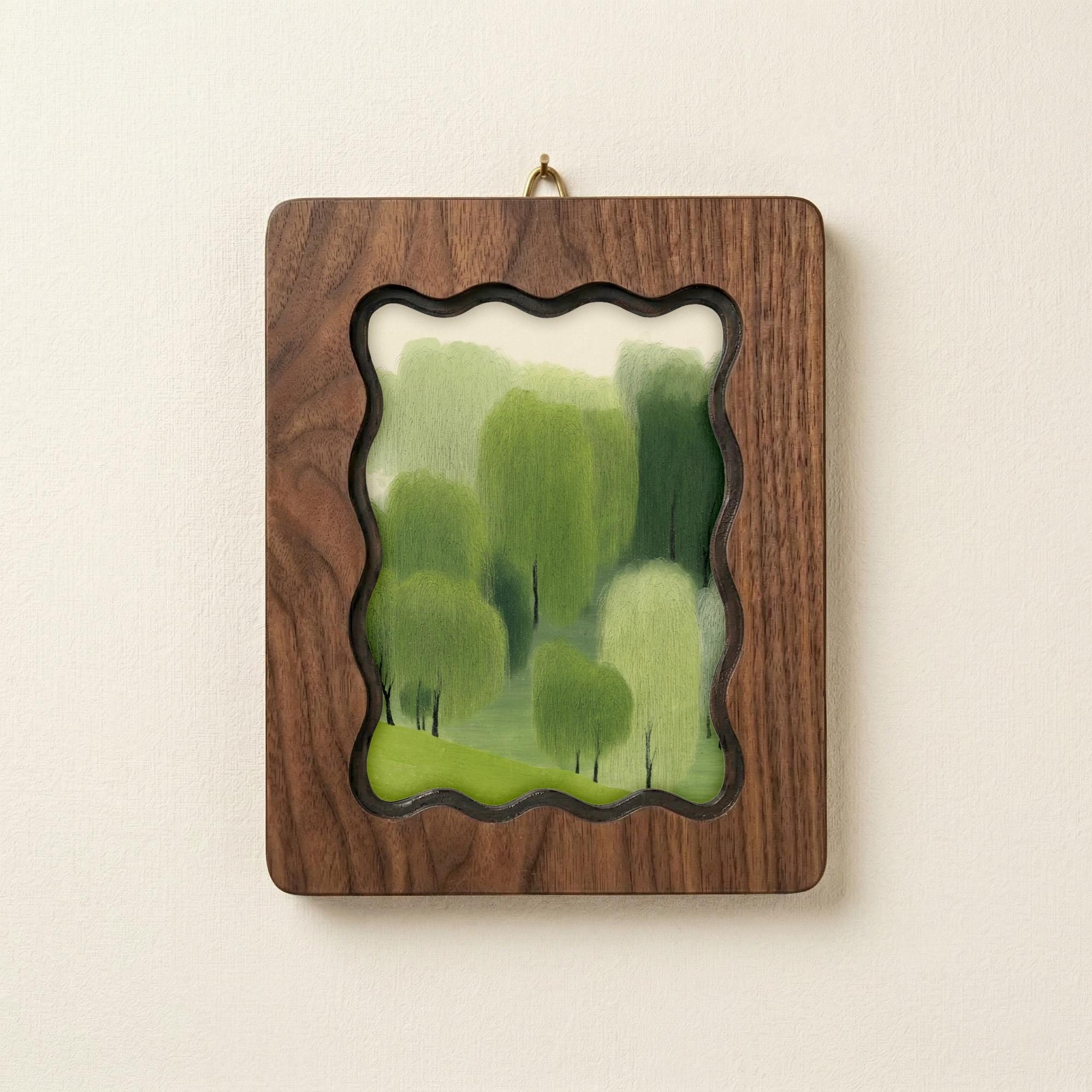Minimalist Forest Wall Art, Green Tree Landscape Wood Frame, Abstract Nature Decor, Mid Century Modern Print, Laser Cut Art, Housewarming