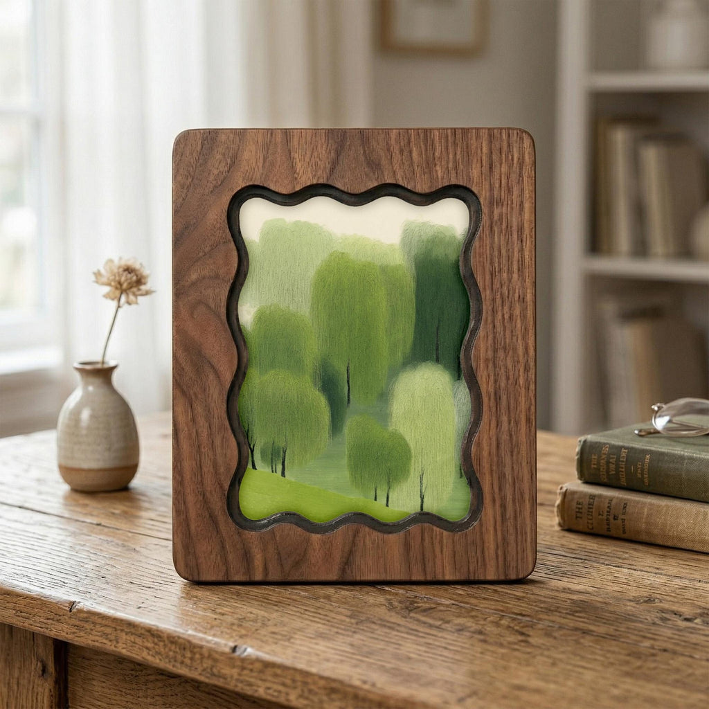 Minimalist Forest Wall Art, Green Tree Landscape Wood Frame, Abstract Nature Decor, Mid Century Modern Print, Laser Cut Art, Housewarming