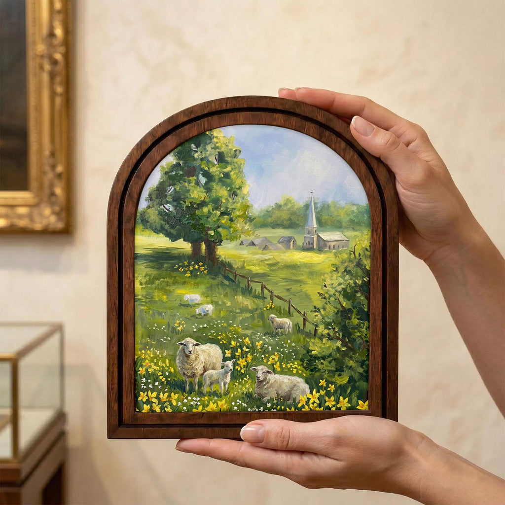 Sheep Landscape Painting, Countryside Meadow Art, Arched Wood Frame, Whimsical Farmhouse Decor, Cottagecore Wall Art, Framed Canvas Print