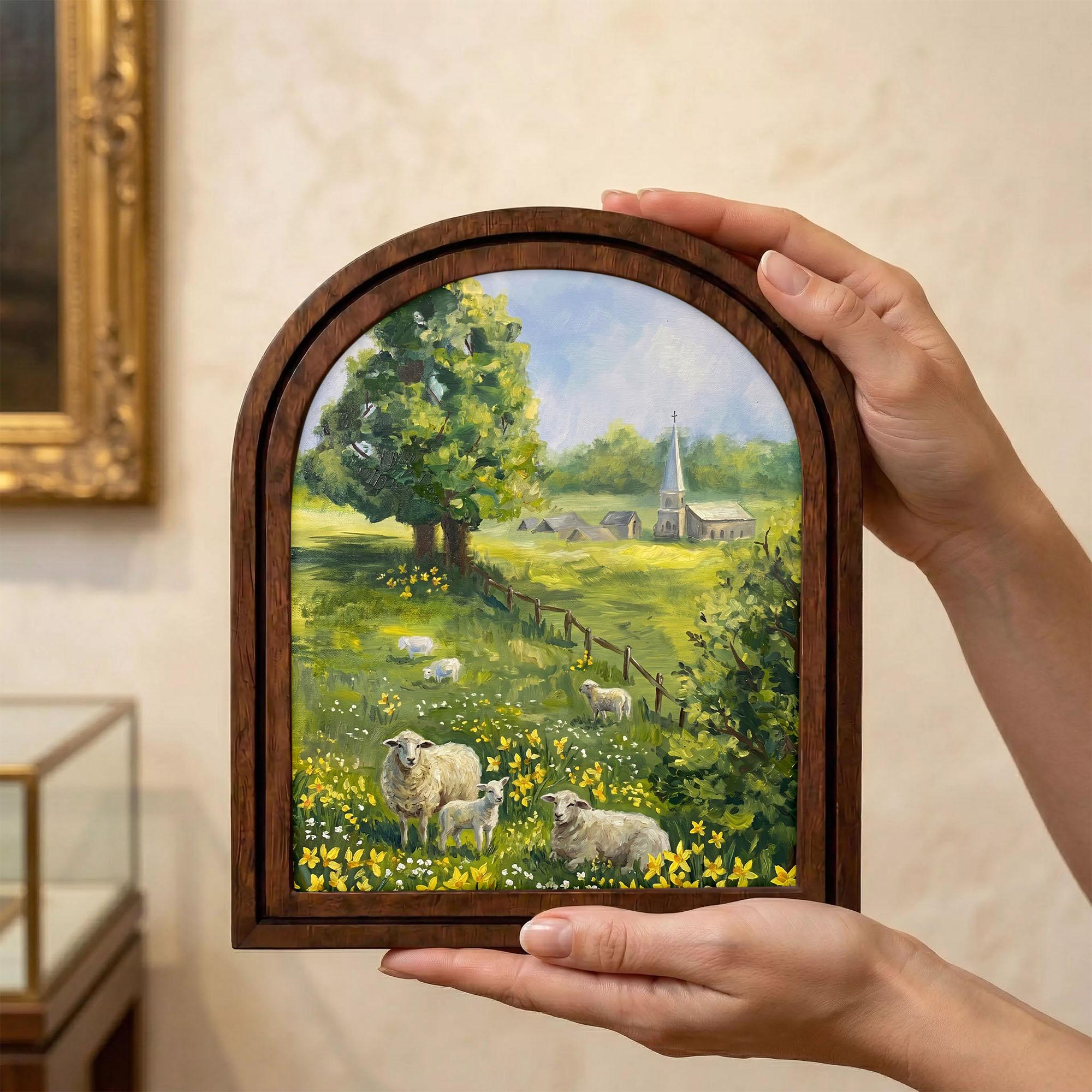 Sheep Landscape Painting, Countryside Meadow Art, Arched Wood Frame, Whimsical Farmhouse Decor, Cottagecore Wall Art, Framed Canvas Print