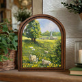 Sheep Landscape Painting, Countryside Meadow Art, Arched Wood Frame, Whimsical Farmhouse Decor, Cottagecore Wall Art, Framed Canvas Print