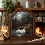 Vintage Swan Oil Painting, Moonlight Landscape, Vintage Swan Art, Arched Wood Frame, Swan Wall Art, Arched Picture Frame, Rustic Home Decor