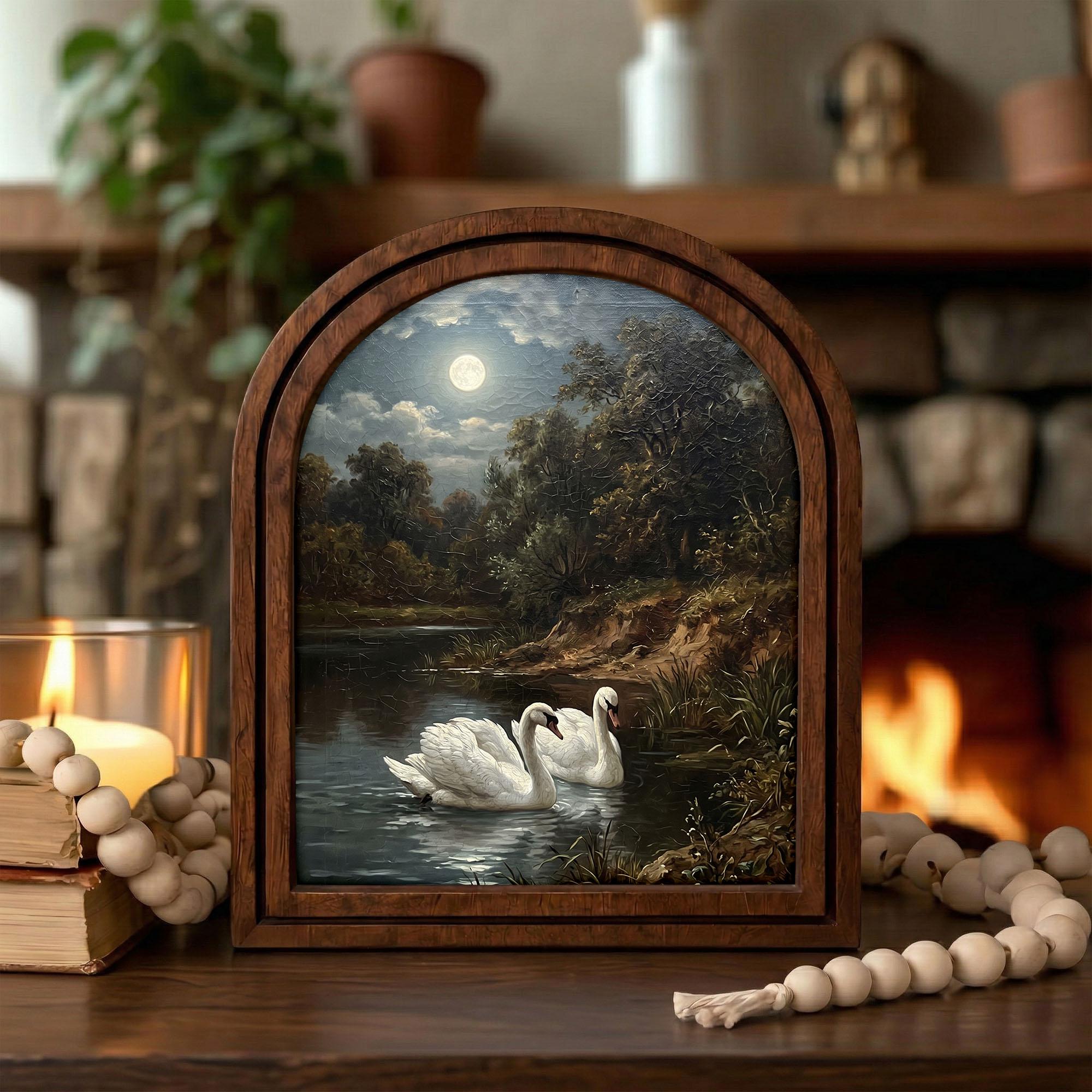 Vintage Swan Oil Painting, Moonlight Landscape, Vintage Swan Art, Arched Wood Frame, Swan Wall Art, Arched Picture Frame, Rustic Home Decor