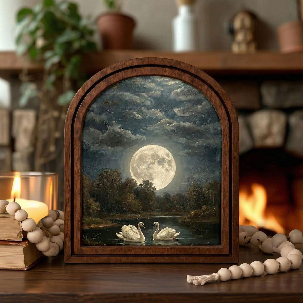 Vintage Full Moon Painting, Swan Oil Painting, Romantic Swan Art, Arched Wood Frame, Gothic Night Decor, Arched Picture Frame