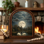 Vintage Full Moon Painting, Swan Oil Painting, Romantic Swan Art, Arched Wood Frame, Gothic Night Decor, Arched Picture Frame