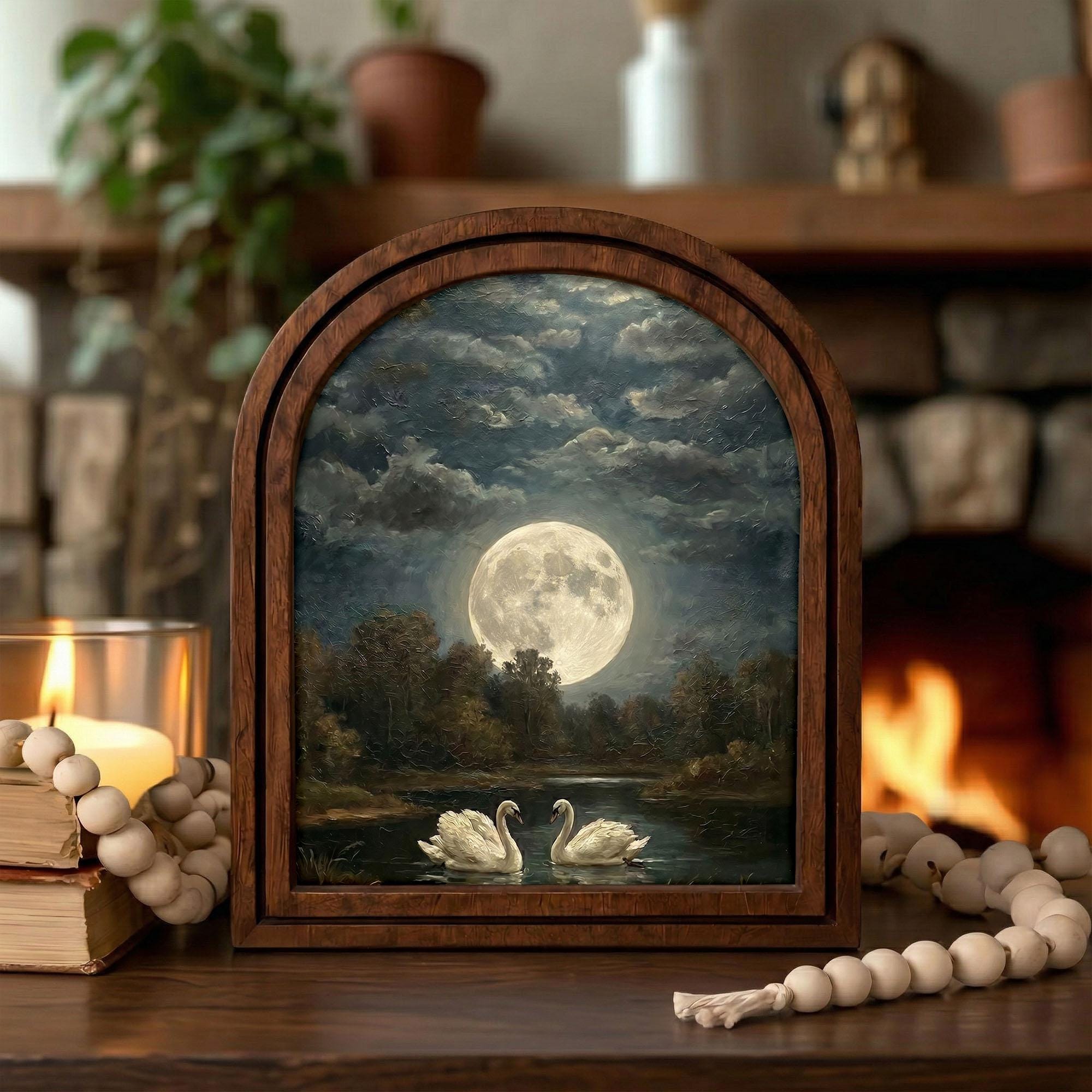 Vintage Full Moon Painting, Swan Oil Painting, Romantic Swan Art, Arched Wood Frame, Gothic Night Decor, Arched Picture Frame