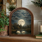 Vintage Full Moon Painting, Swan Oil Painting, Romantic Swan Art, Arched Wood Frame, Gothic Night Decor, Arched Picture Frame