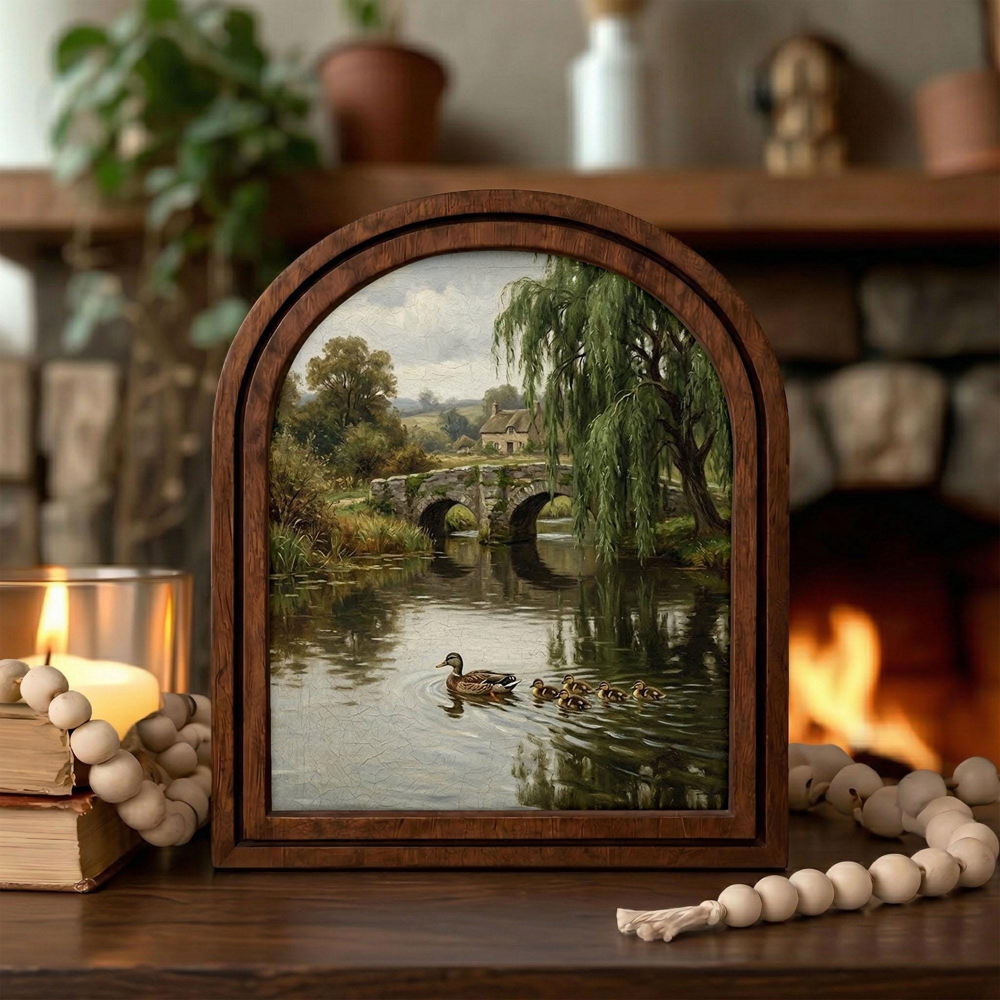 Duck Oil Painting, Countryside Landscape, Arched Wood Frame, Cottagecore Wall Art, Mallard Duck Print, Arched Picture Frame, Rustic Decor