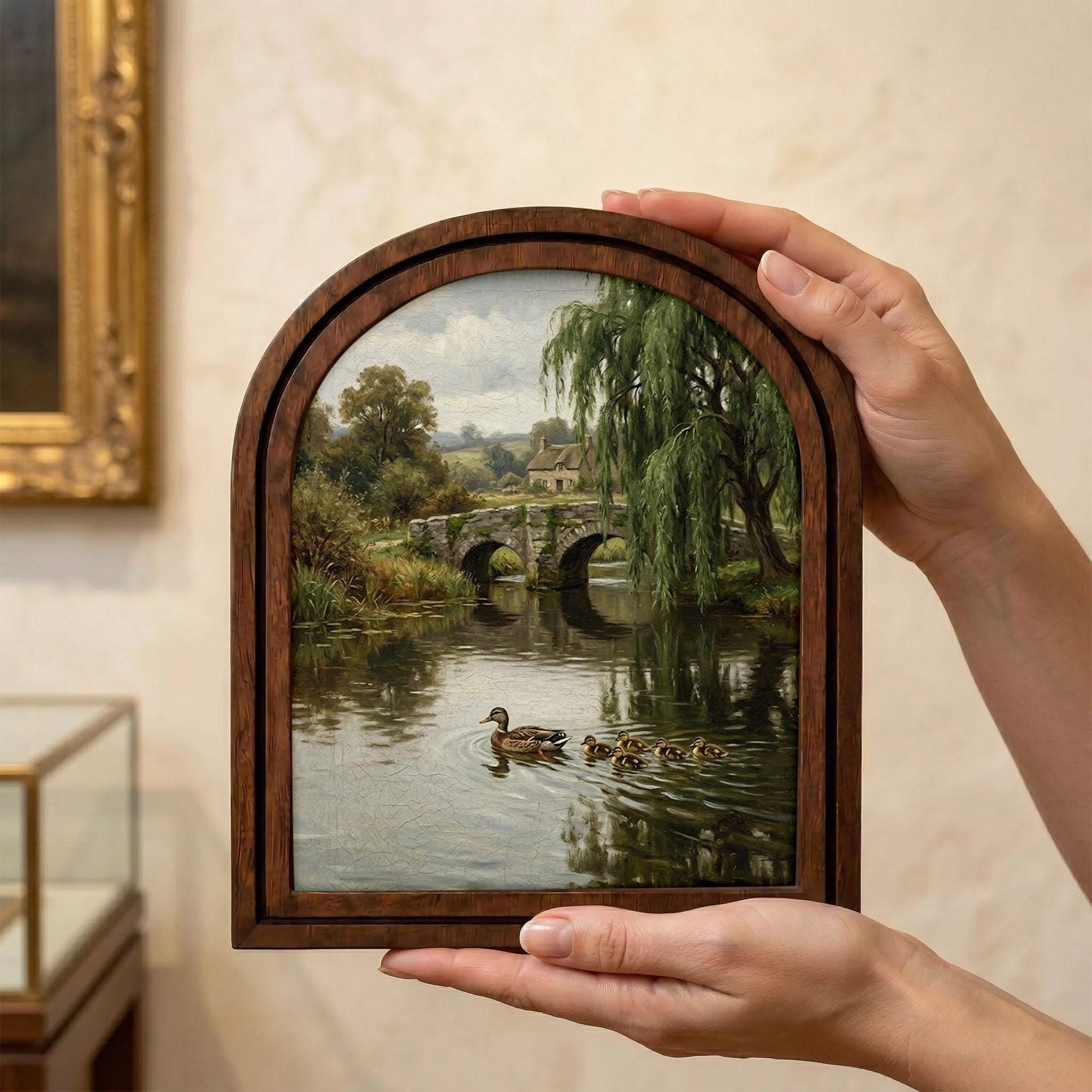 Duck Oil Painting, Countryside Landscape, Arched Wood Frame, Cottagecore Wall Art, Mallard Duck Print, Arched Picture Frame, Rustic Decor