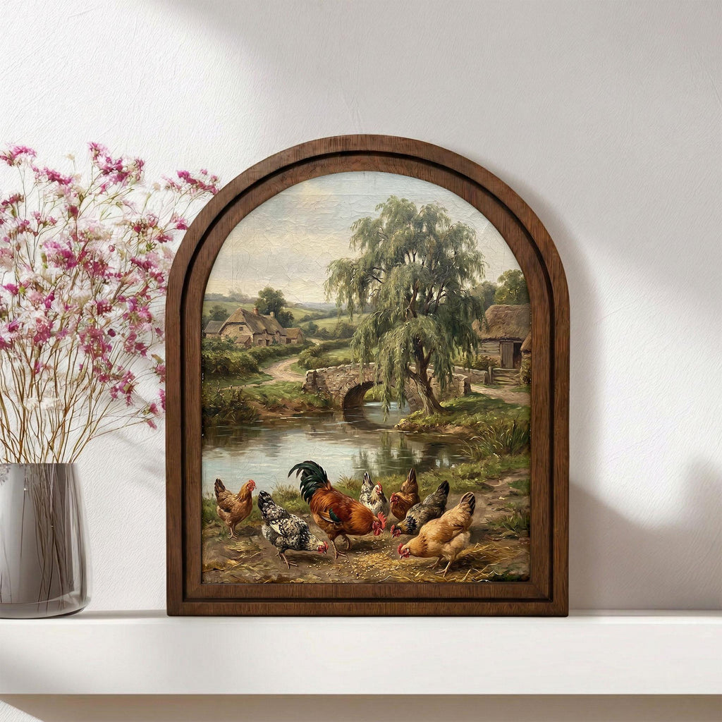 Chicken Oil Painting, Rooster Wall Art, Arched Wood Frame, Countryside Decor, French Country Art, Arched Picture Frame, Farmhouse Print