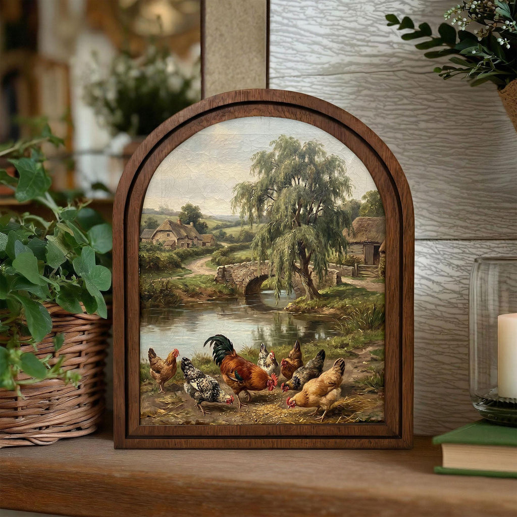 Chicken Oil Painting, Rooster Wall Art, Arched Wood Frame, Countryside Decor, French Country Art, Arched Picture Frame, Farmhouse Print