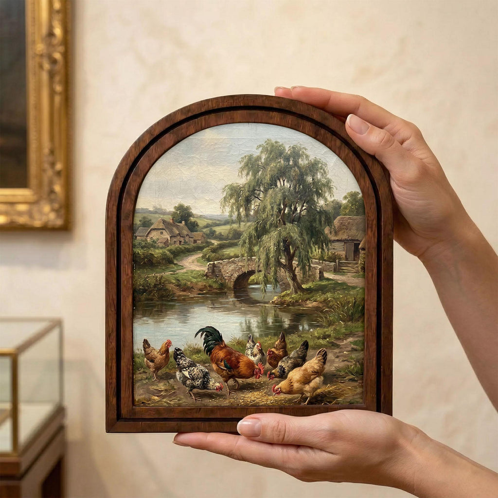 Chicken Oil Painting, Rooster Wall Art, Arched Wood Frame, Countryside Decor, French Country Art, Arched Picture Frame, Farmhouse Print