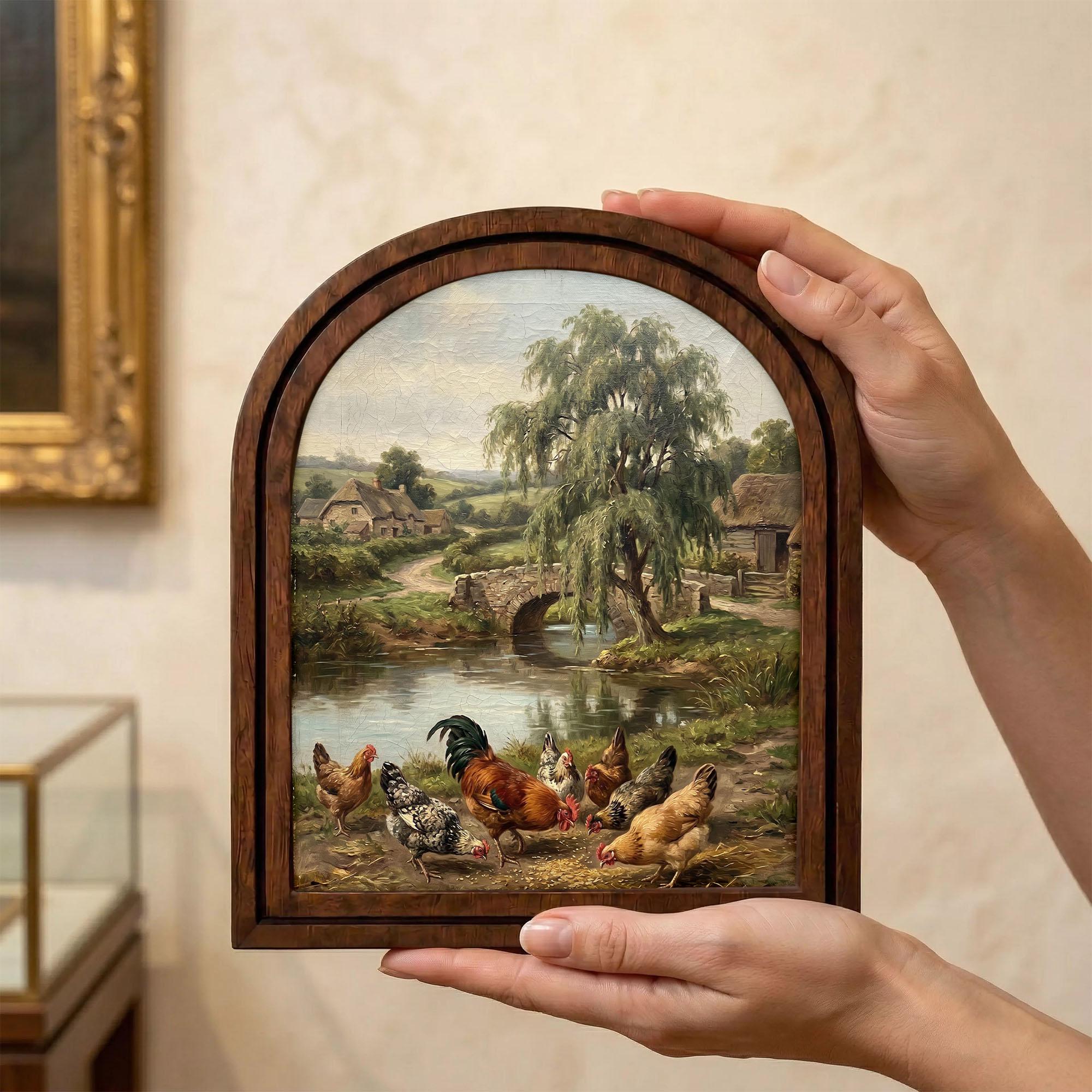 Chicken Oil Painting, Rooster Wall Art, Arched Wood Frame, Countryside Decor, French Country Art, Arched Picture Frame, Farmhouse Print