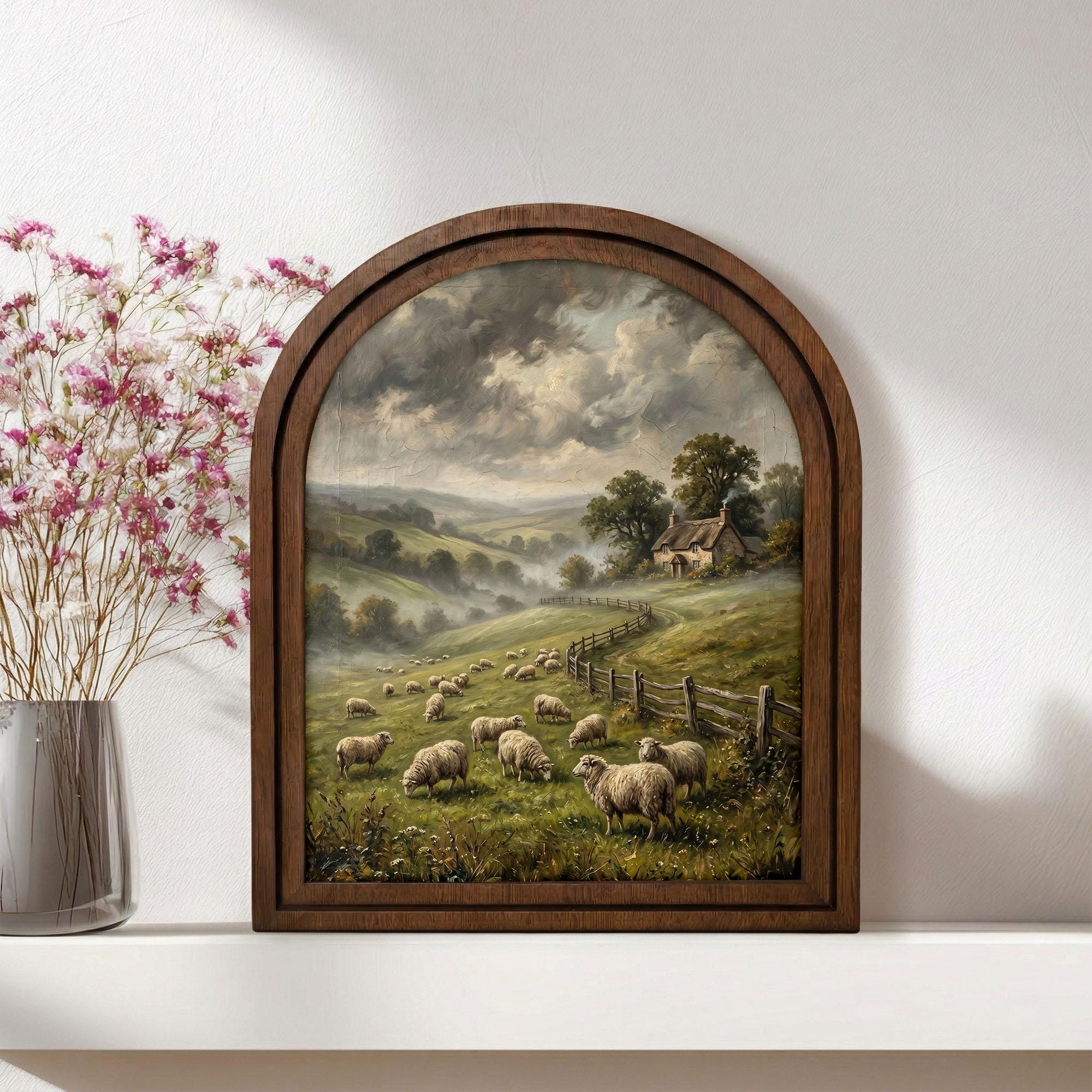 Sheep Oil Painting, Landscape Wall Art, Arched Wood Frame, Countryside Print, Cottagecore Decor, Arched Picture Frame, Farmhouse Decor