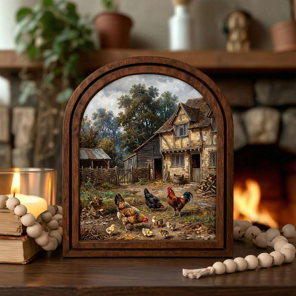 Rooster Painting, Chicken Wall Art, Arched Wood Frame, Farmhouse Decor, French Country Art, Arched Picture Frame, Vintage Chicken Print
