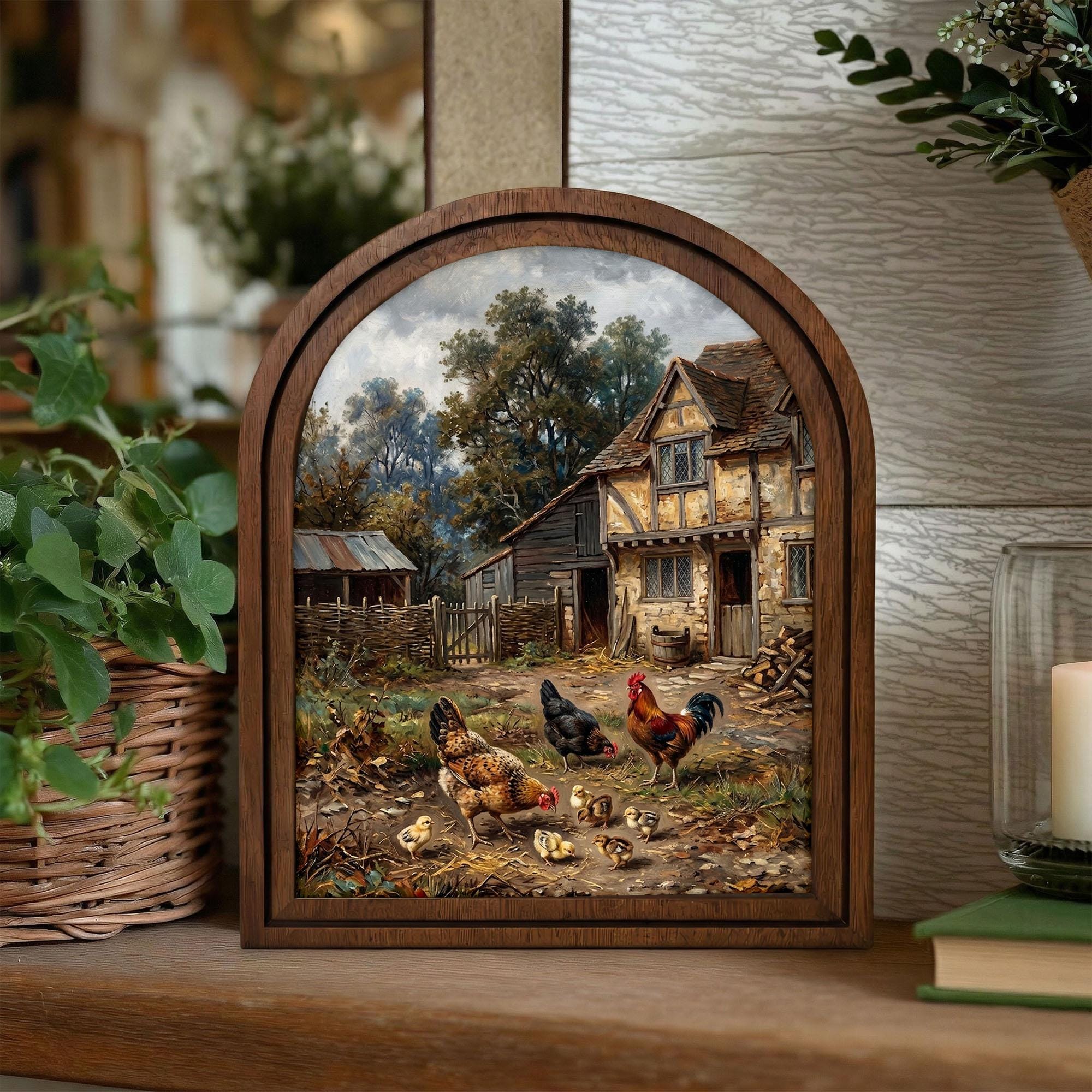 Rooster Painting, Chicken Wall Art, Arched Wood Frame, Farmhouse Decor, French Country Art, Arched Picture Frame, Vintage Chicken Print