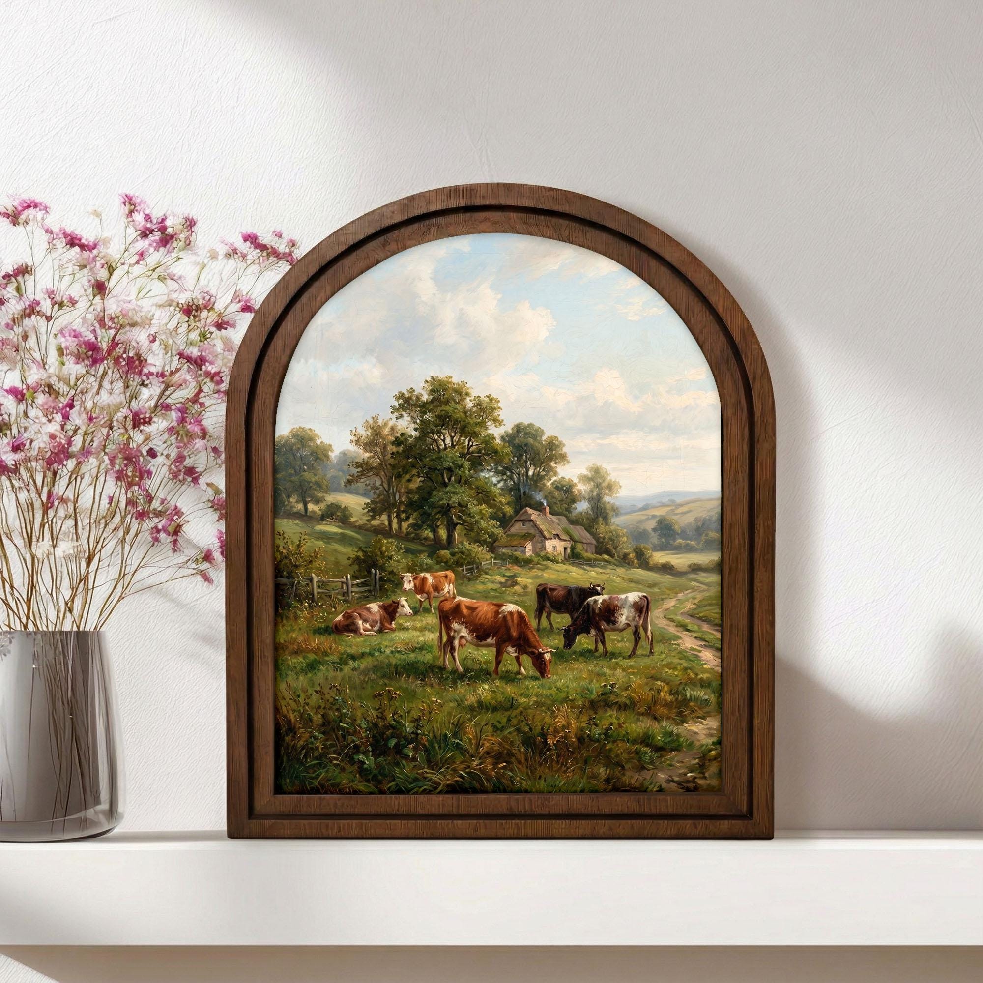 Cow Oil Painting, Landscape Wall Art, Arched Wood Frame, Countryside Decor, Cottagecore Art, Arched Picture Frame, Farmhouse Print