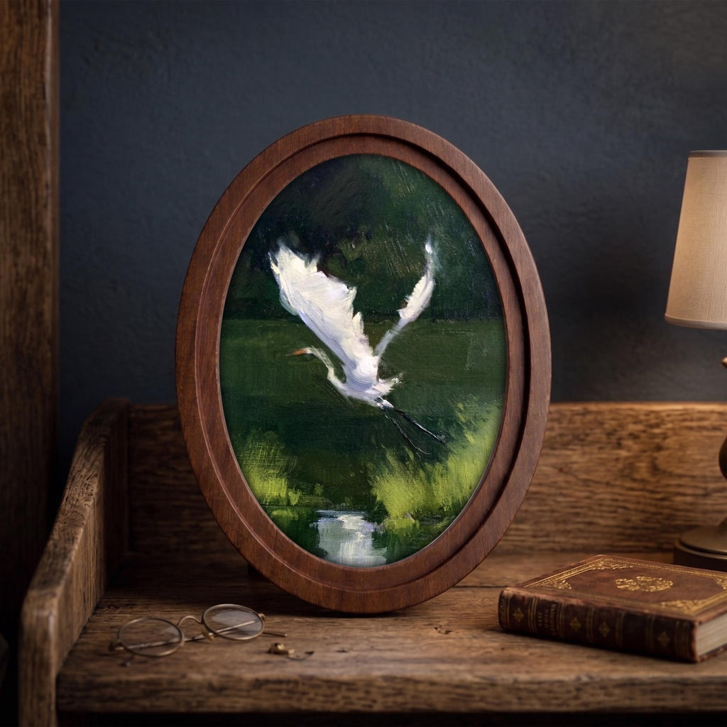 Egret Oil Painting, White Heron Art, Oval Wood Frame, Impasto Bird Print, Flying Heron Painting, Oval Picture Frame, Cottagecore Decor