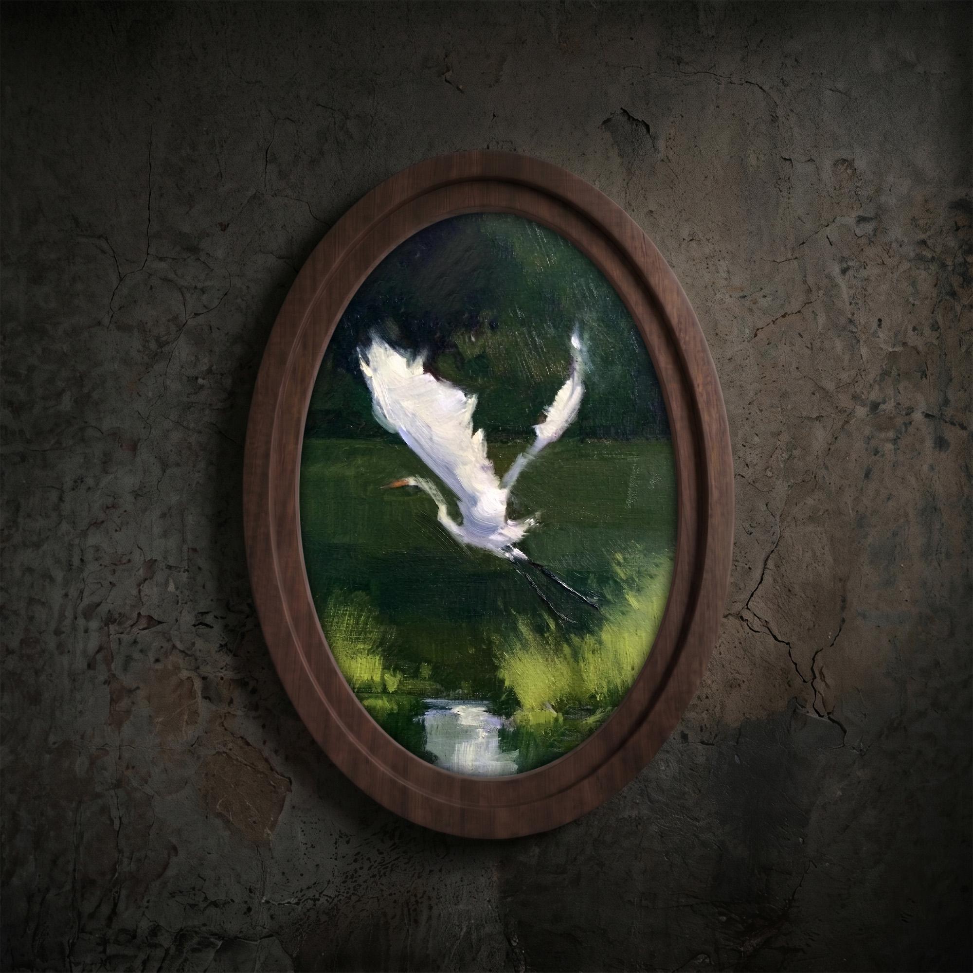 Egret Oil Painting, White Heron Art, Oval Wood Frame, Impasto Bird Print, Flying Heron Painting, Oval Picture Frame, Cottagecore Decor