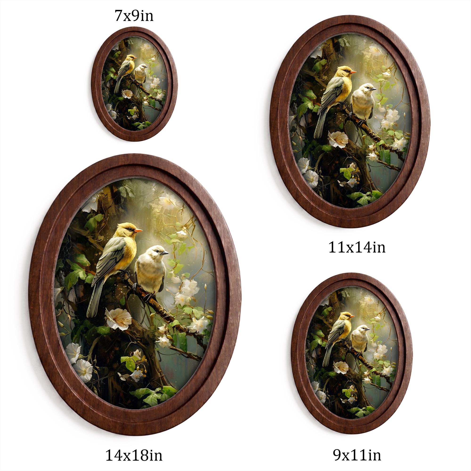 Songbird Art, Vintage Bird Print, Oval Wood Frame, Floral Wall Art, Yellow Bird Painting, Oval Picture Frame, Cottagecore Home Decor