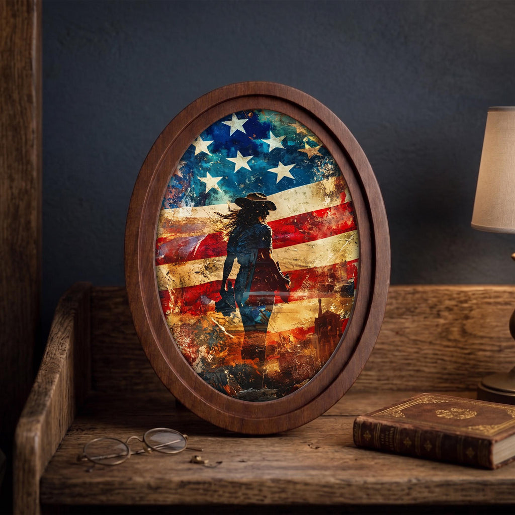 American Flag Art, Cowgirl Wall Art, Oval Wood Frame, Western Home Decor, Country Music Print, Oval Picture Frame, Patriotic Watercolor