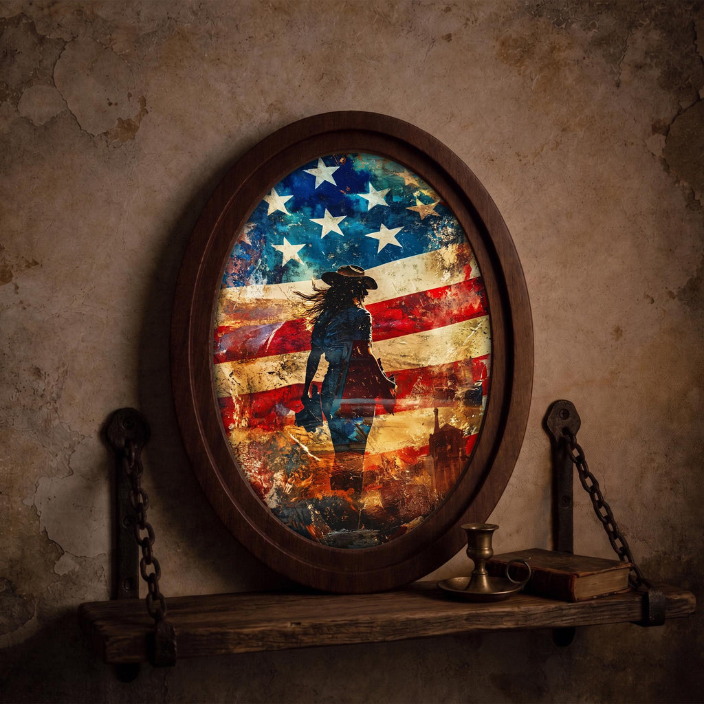 American Flag Art, Cowgirl Wall Art, Oval Wood Frame, Western Home Decor, Country Music Print, Oval Picture Frame, Patriotic Watercolor