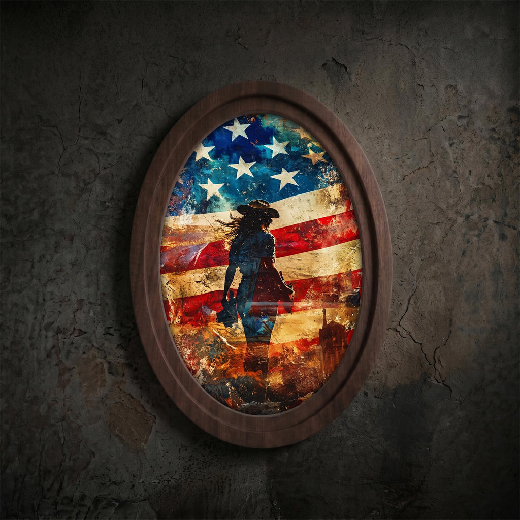 American Flag Art, Cowgirl Wall Art, Oval Wood Frame, Western Home Decor, Country Music Print, Oval Picture Frame, Patriotic Watercolor