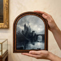 Gothic Castle Art, Dark Academia Decor, Arched Wood Frame, Vampire Castle Print, Moody Landscape, Arched Picture Frame, Halloween Wall Decor