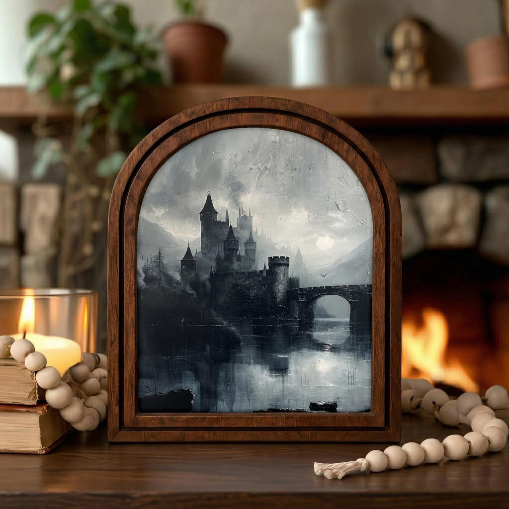 Gothic Castle Art, Dark Academia Decor, Arched Wood Frame, Vampire Castle Print, Moody Landscape, Arched Picture Frame, Halloween Wall Decor
