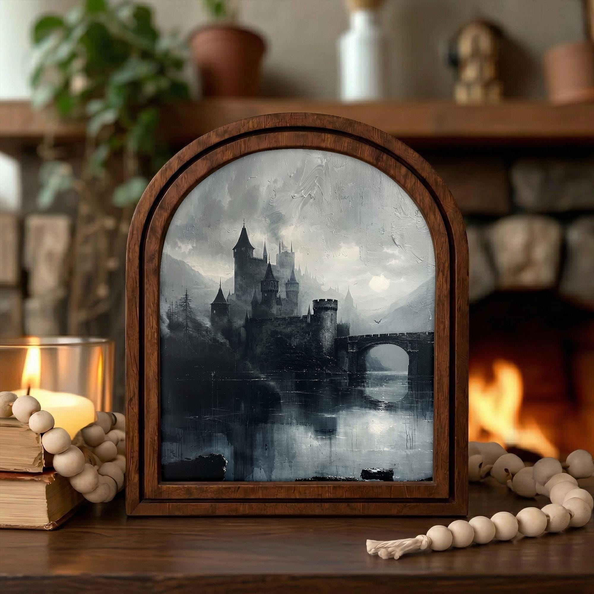 Gothic Castle Art, Dark Academia Decor, Arched Wood Frame, Vampire Castle Print, Moody Landscape, Arched Picture Frame, Halloween Wall Decor