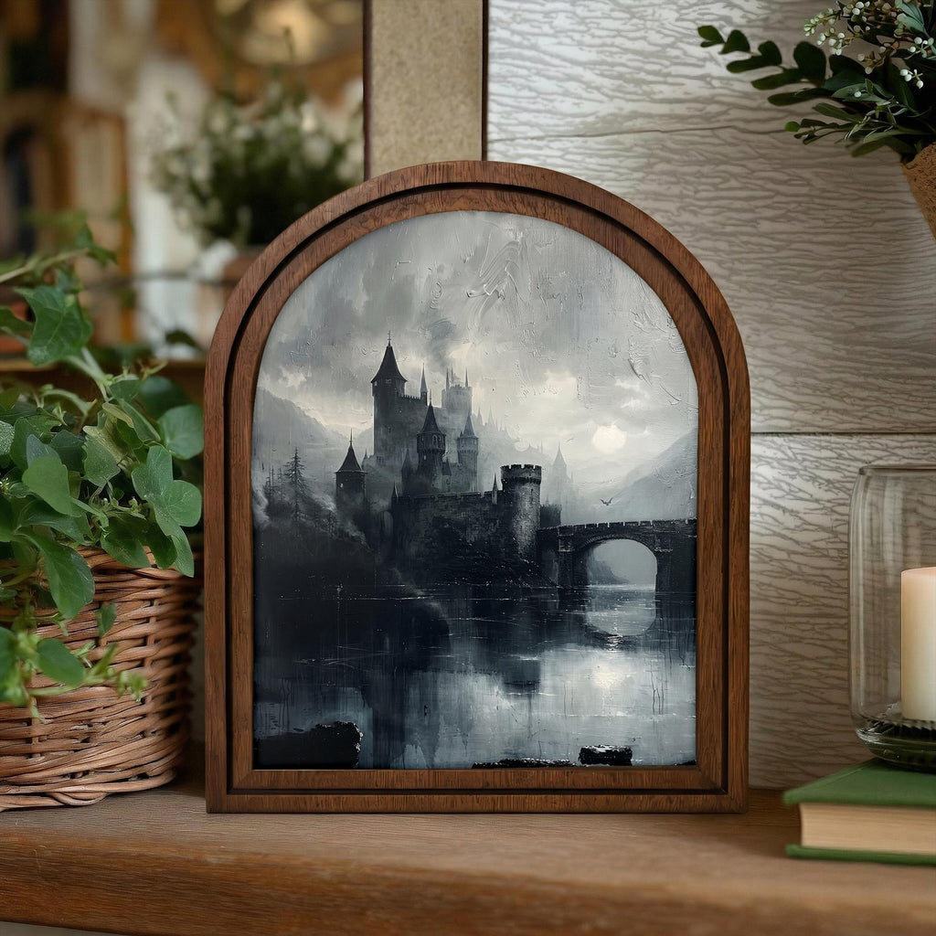 Gothic Castle Art, Dark Academia Decor, Arched Wood Frame, Vampire Castle Print, Moody Landscape, Arched Picture Frame, Halloween Wall Decor