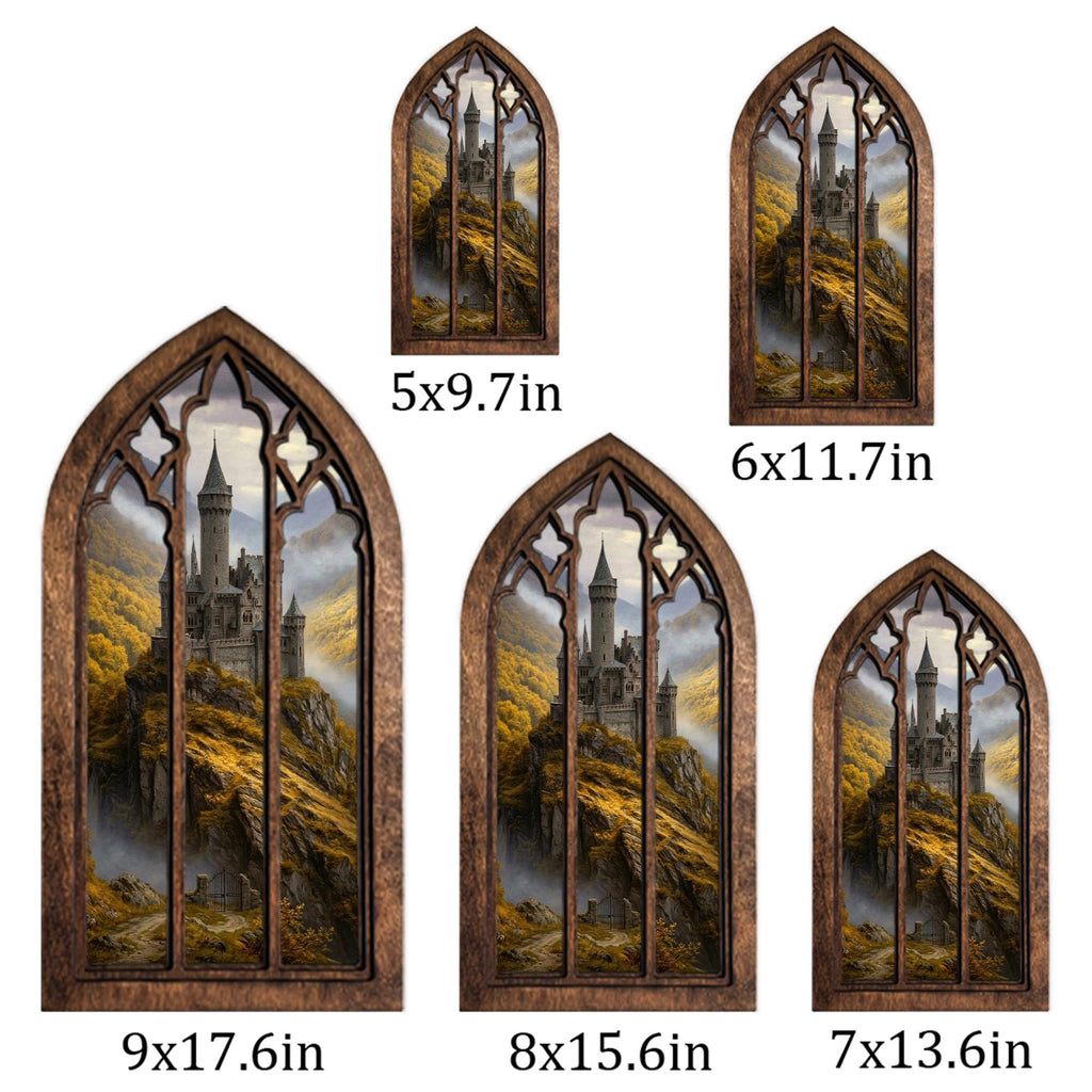 Fairytale Castle Art, Fantasy Castle Print, Gothic Window Frame, Landscape Oil Painting, Laser Cut Wood Art, Gothic Picture Frame,Wall Decor