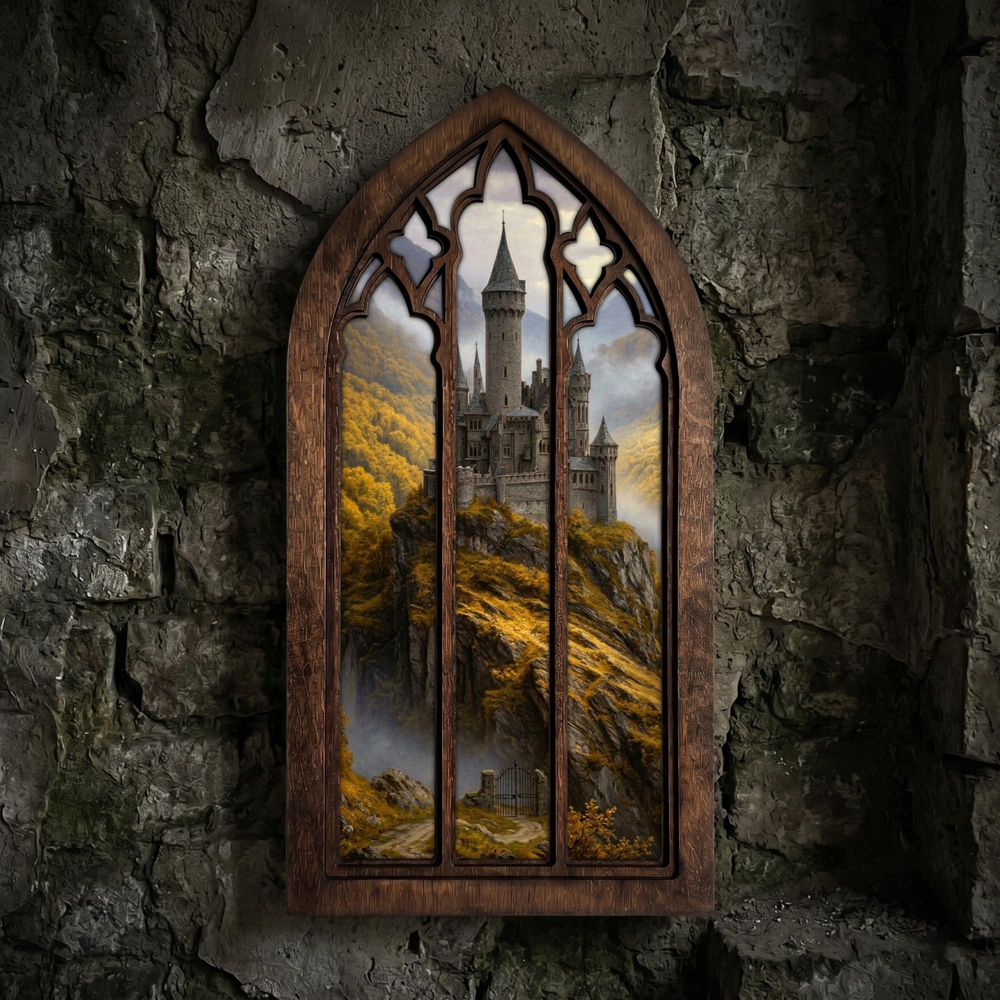 Fairytale Castle Art, Fantasy Castle Print, Gothic Window Frame, Landscape Oil Painting, Laser Cut Wood Art, Gothic Picture Frame,Wall Decor