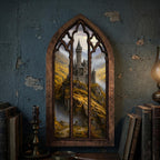 Fairytale Castle Art, Fantasy Castle Print, Gothic Window Frame, Landscape Oil Painting, Laser Cut Wood Art, Gothic Picture Frame,Wall Decor