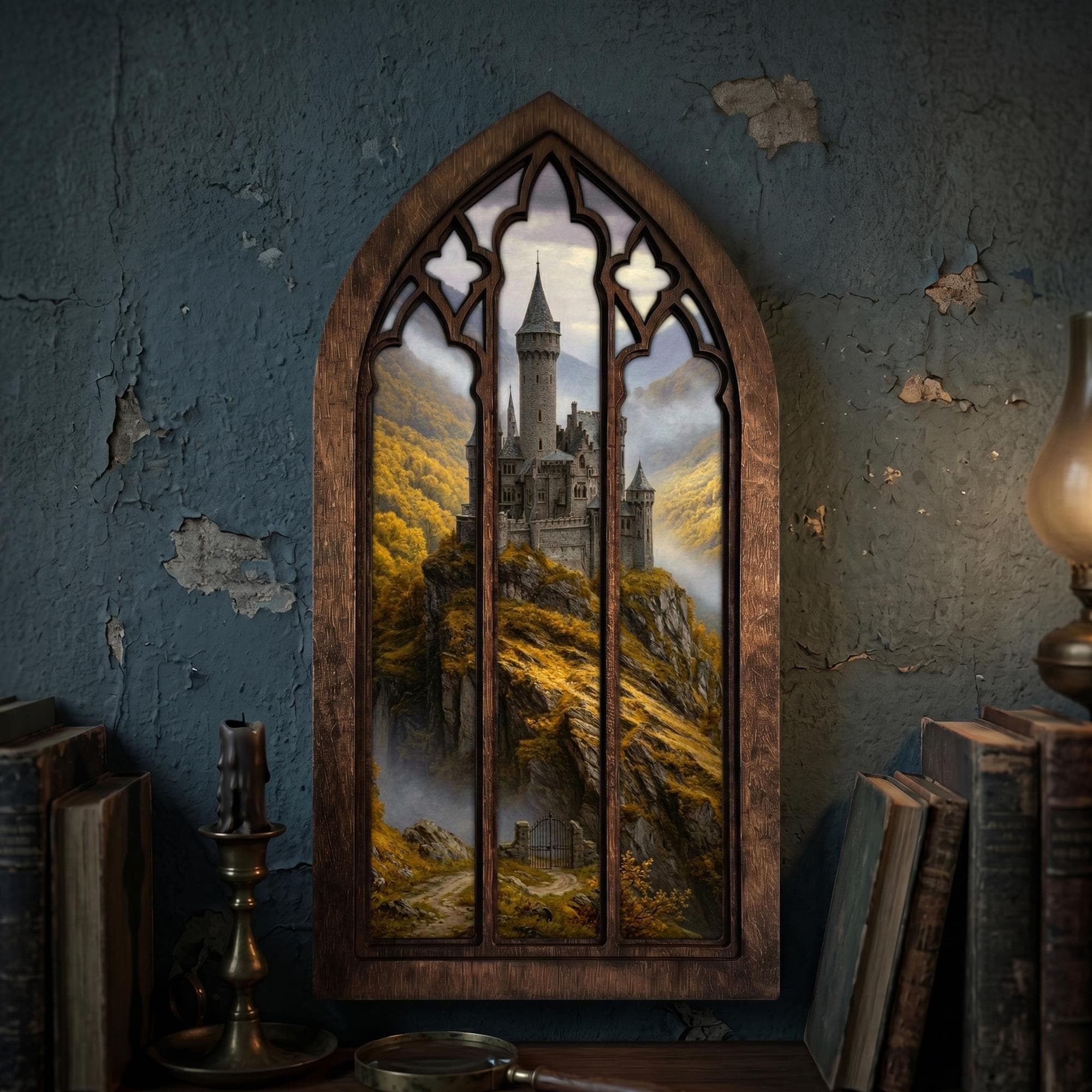 Fairytale Castle Art, Fantasy Castle Print, Gothic Window Frame, Landscape Oil Painting, Laser Cut Wood Art, Gothic Picture Frame,Wall Decor