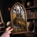 Fairytale Castle Art, Fantasy Castle Print, Gothic Window Frame, Landscape Oil Painting, Laser Cut Wood Art, Gothic Picture Frame,Wall Decor