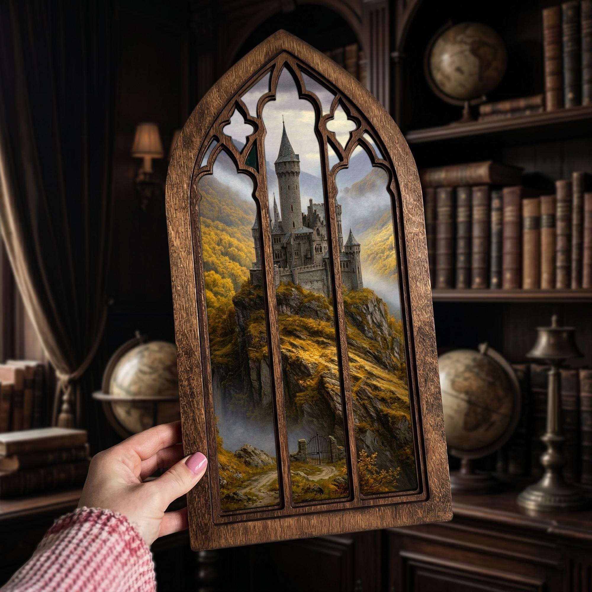 Fairytale Castle Art, Fantasy Castle Print, Gothic Window Frame, Landscape Oil Painting, Laser Cut Wood Art, Gothic Picture Frame,Wall Decor