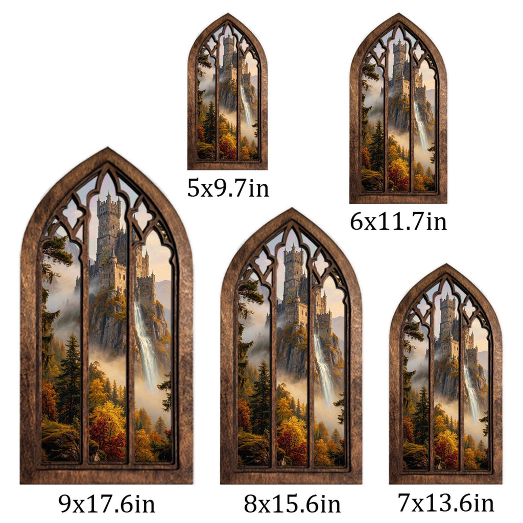 Waterfall Castle Art, Fantasy Castle Print, Gothic Window Frame, Landscape Oil Painting, Laser Cut Wood Art, Gothic Picture Frame,Wall Decor