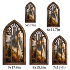 Waterfall Castle Art, Fantasy Castle Print, Gothic Window Frame, Landscape Oil Painting, Laser Cut Wood Art, Gothic Picture Frame,Wall Decor