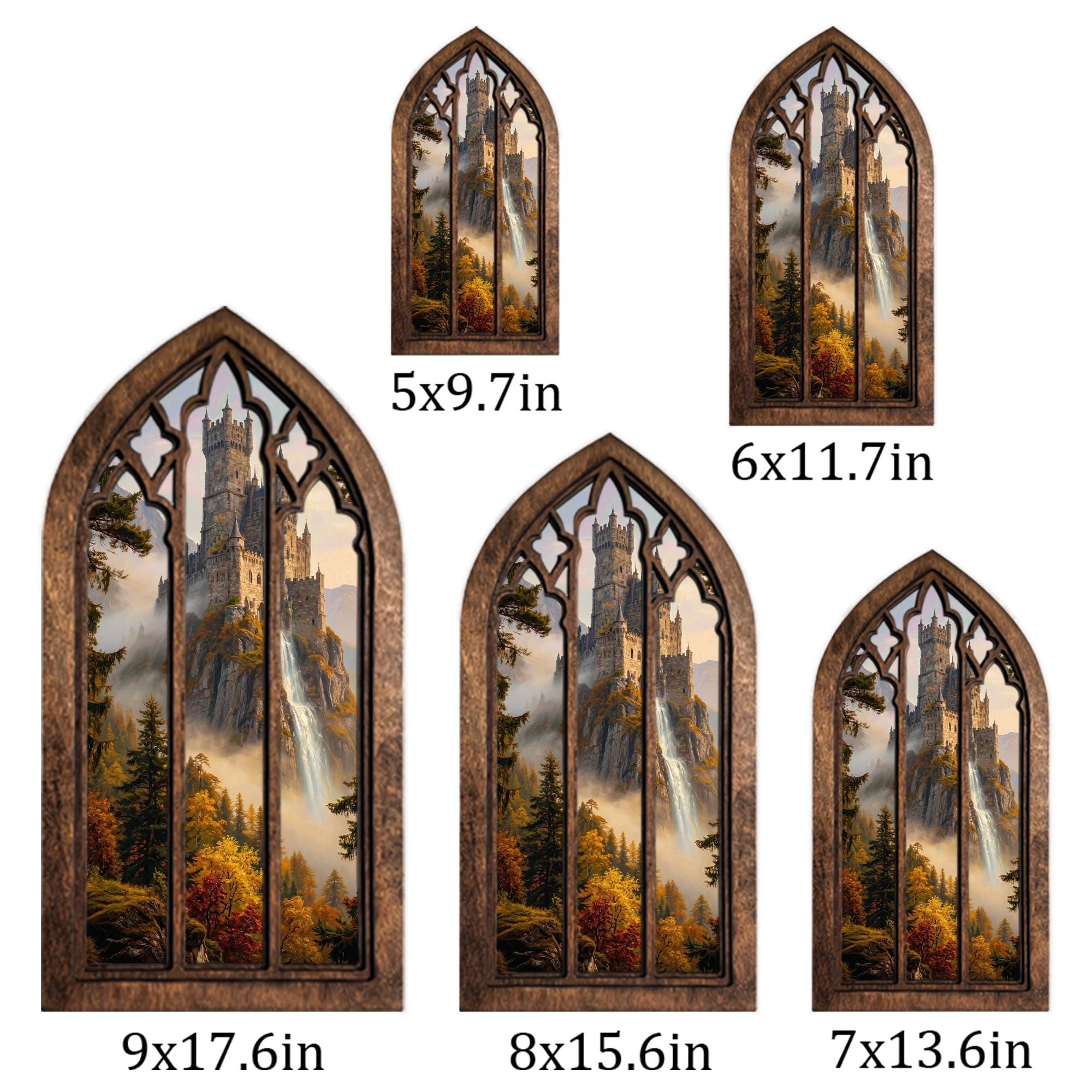 Waterfall Castle Art, Fantasy Castle Print, Gothic Window Frame, Landscape Oil Painting, Laser Cut Wood Art, Gothic Picture Frame,Wall Decor