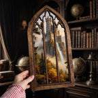Waterfall Castle Art, Fantasy Castle Print, Gothic Window Frame, Landscape Oil Painting, Laser Cut Wood Art, Gothic Picture Frame,Wall Decor