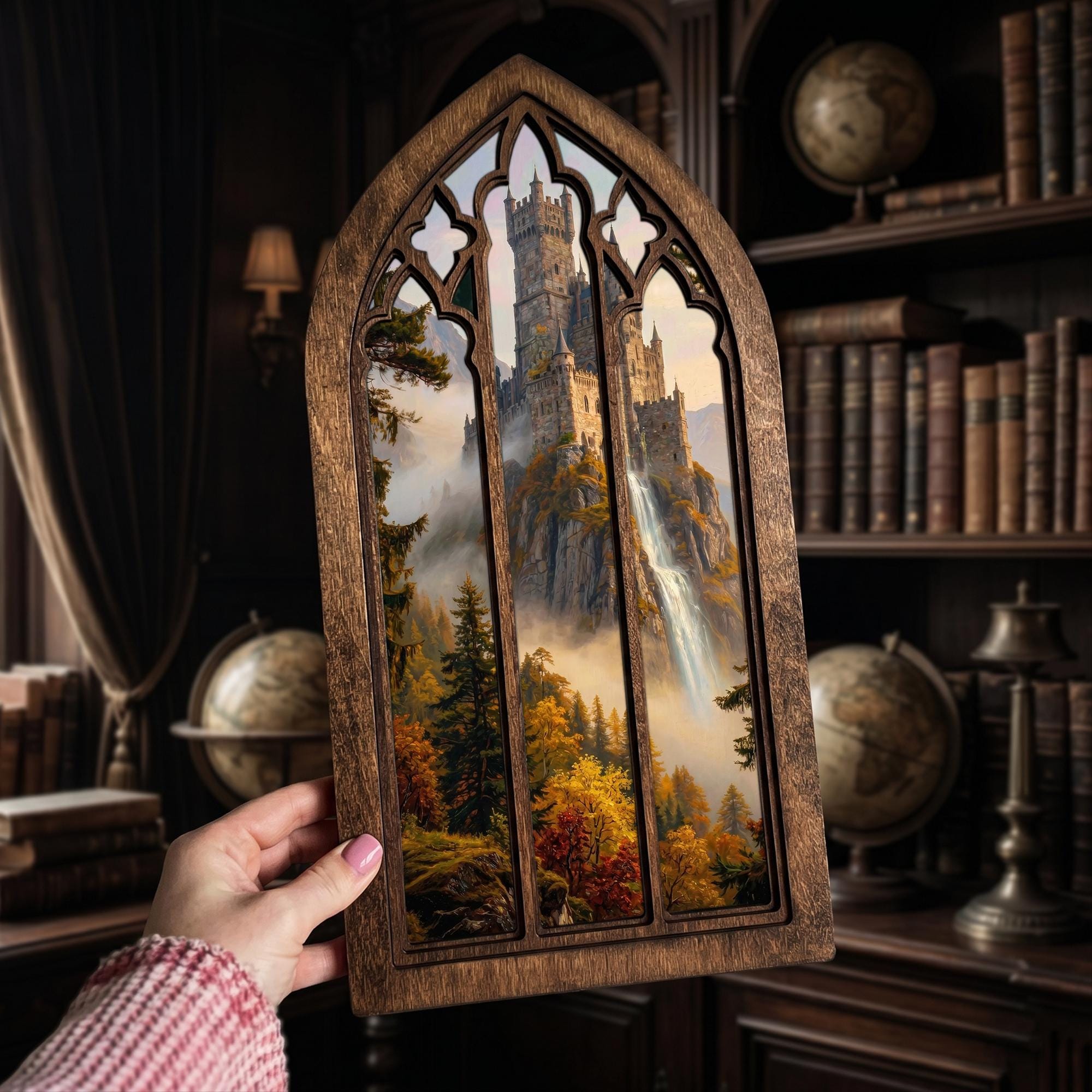 Waterfall Castle Art, Fantasy Castle Print, Gothic Window Frame, Landscape Oil Painting, Laser Cut Wood Art, Gothic Picture Frame,Wall Decor