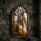 Waterfall Castle Art, Fantasy Castle Print, Gothic Window Frame, Landscape Oil Painting, Laser Cut Wood Art, Gothic Picture Frame,Wall Decor