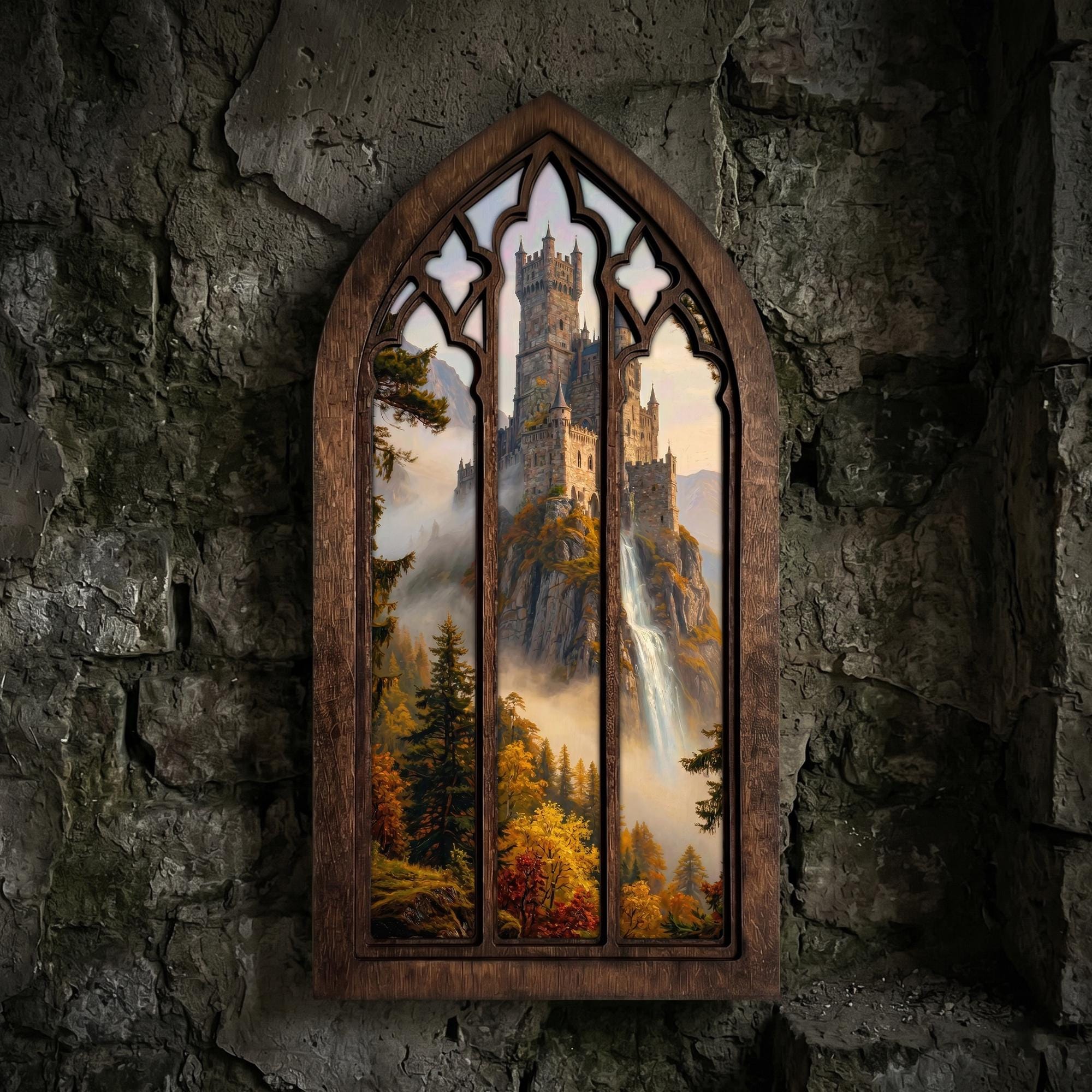 Waterfall Castle Art, Fantasy Castle Print, Gothic Window Frame, Landscape Oil Painting, Laser Cut Wood Art, Gothic Picture Frame,Wall Decor