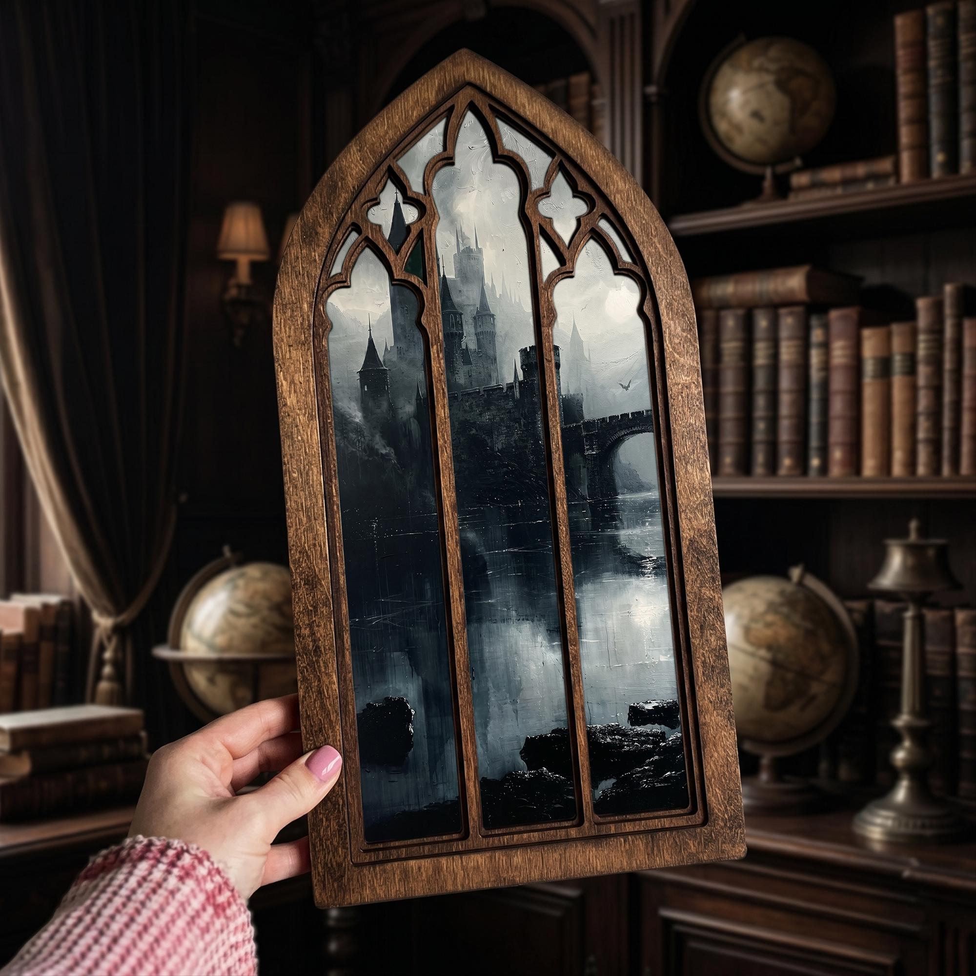 Gothic Castle Art, Dark Academia Decor, Gothic Window Frame, Vampire Castle Print, Laser Cut Wood Art, Gothic Picture Frame,Spooky Landscape