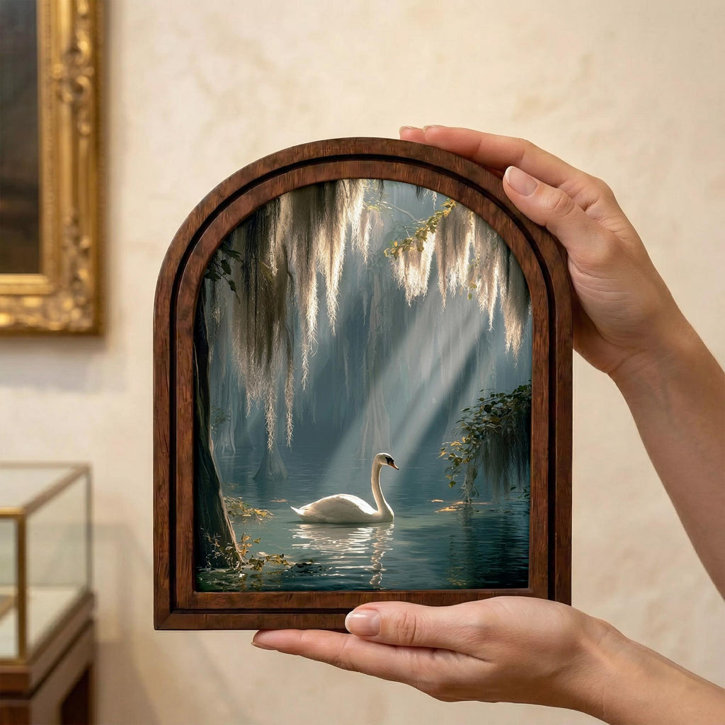 Swan Wall Art Nature Home Decor Arched Wood Frame Canvas Print Lake Scenery Painting Forest Landscape Art Mother‘s Day Gift Spiritual Decor